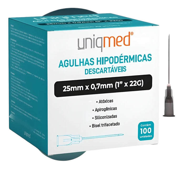 AGULHA HIPODERMICA UNIQMED- 25mm X 0,70mm (22g X 1 Pol)