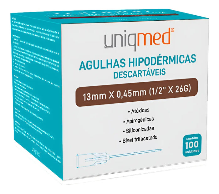 100 AGULHA HIPODÉRMICA UNIQMED 13X0,45MM  1/2  26G CX C100