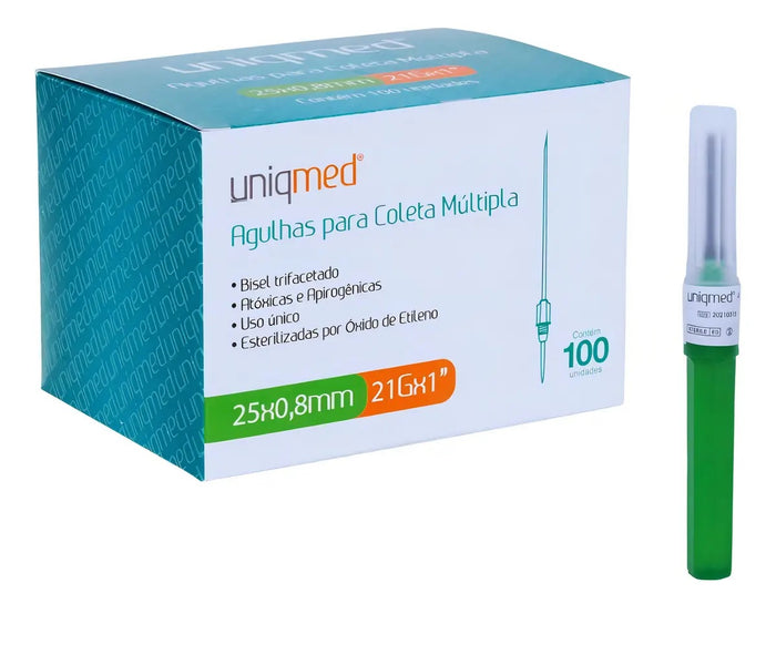 100 unidades 25X0,8MM 21G AGULHAS P/ COLETA MULTIPLA UNIQMED