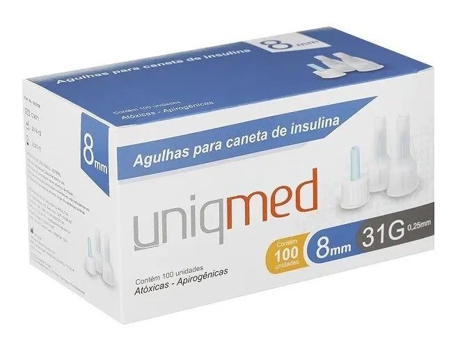 Agulha Para Caneta De Insulina 8mm 31g Uniqmed 100 Unidades 8 Ml