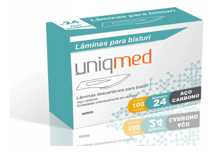 Lâmina Para Bisturi No24 Aço Carbono Caixa C/100 Uniqmed Prateado